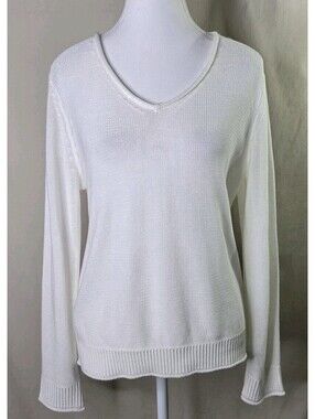 Metric Knits Linen V Neck Sweater L White Long Sleeve Textured NWT $138
